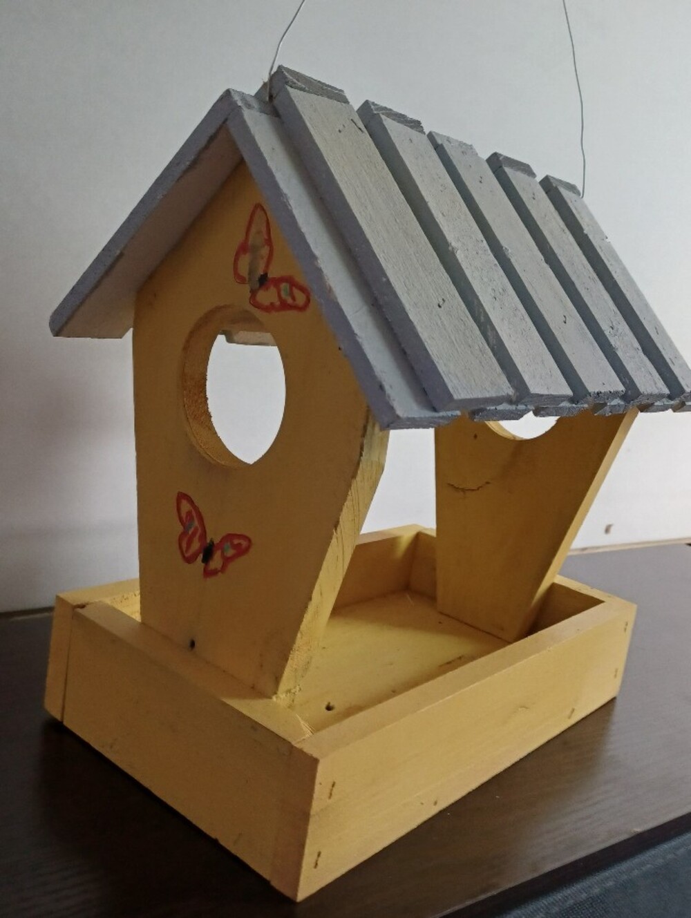 Hand-Painted Wooden Hanging Bird House Yellow/Gray, Rectangle Front Entrance